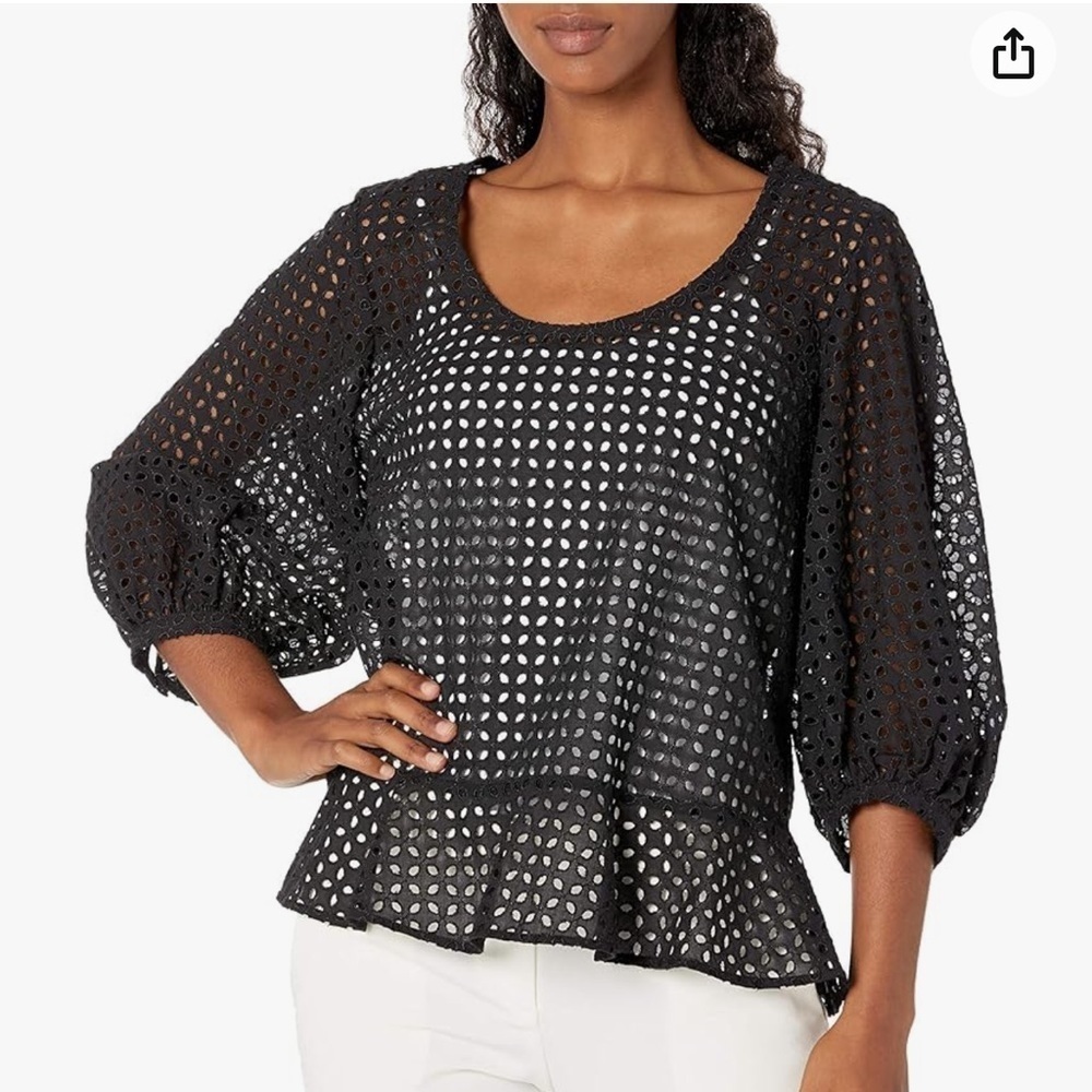 Club Monaco Womens Eyelet Wrap black size medium puff sleeves Top cutout print